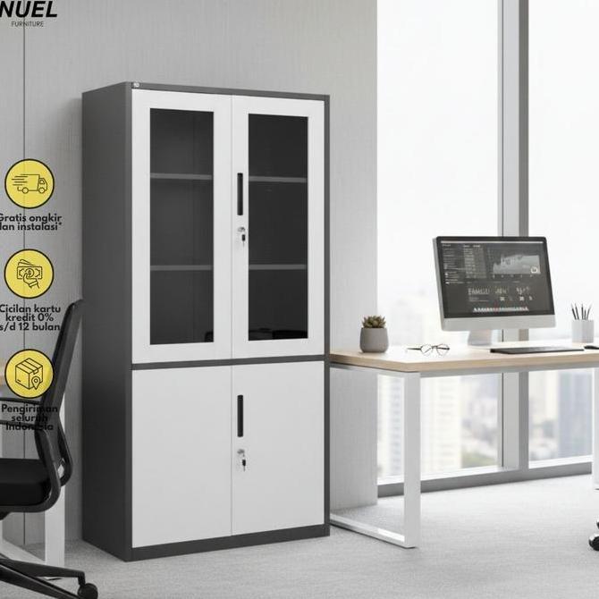 NUEL Kabinet / Lemari / Loker Pintu Kaca 2 Susun Dokumen Buku Multifungsi