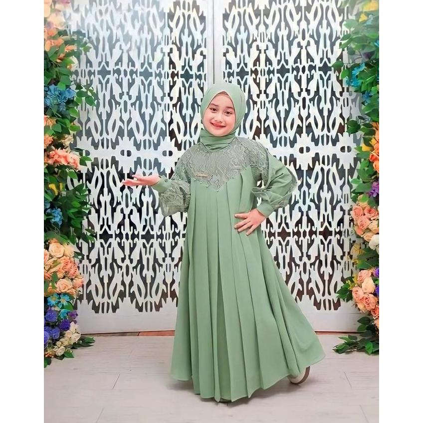 PROMO Gamis Set Hijab Anak Inara Dress Bahan Ceruty Babydoll Premium Brokat Baju Muslim Syari Anak 5
