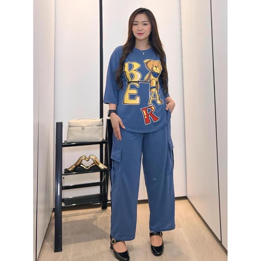 Setelan Cargo Oversize LD 120 CM Setelan Wanita Atasan Lengan 3/4 dan Celana Cargo Setelan BEAR Fash
