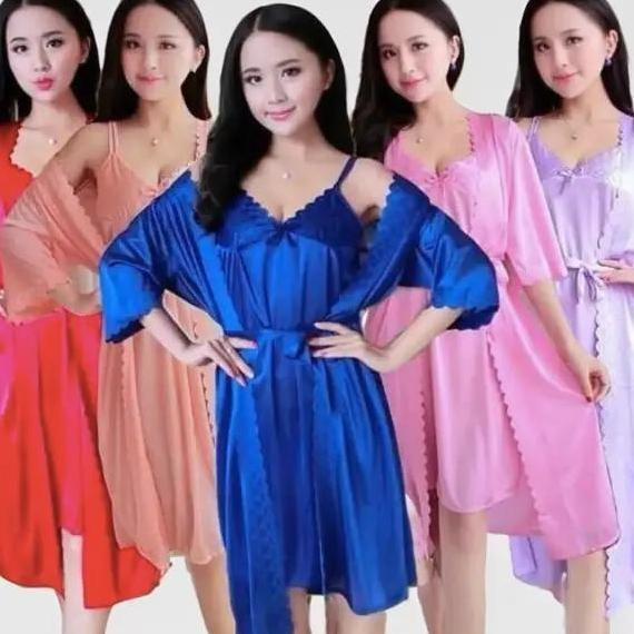 Nyaman- Kimono Dan Lingerie 2 In 1 Baju Tidur Dinas Malam Lingeri Sexy Lengkap Satin Halus Jahitan R