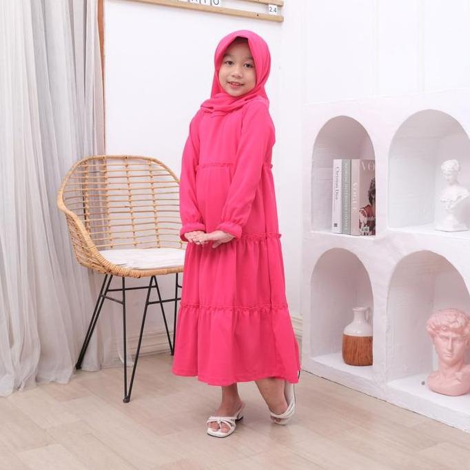 DF387 >> GAMIS ANAK SET HIJAB 2-9 TAHUN POLOS REMPEL TIGA BAHAN RAYON LICIN TUNIK JILBAB LEBARAN