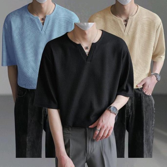 Paket 3 Pcs Kaos Waffle Polos V neck Lengan Pendek Pria Oblong GS