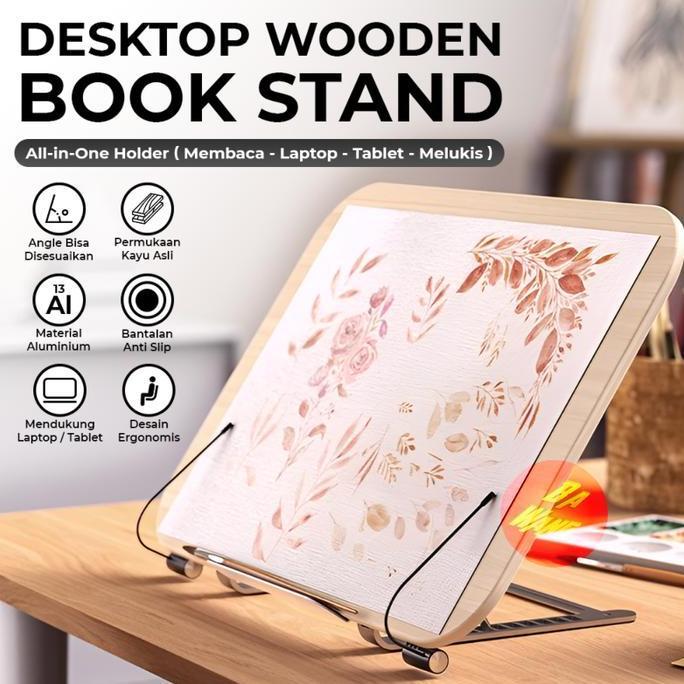 Stand Standing Holder Dudukan Alas Kayu Buku Tablet Laptop Tab iPad Aluminium NUSAGADGET