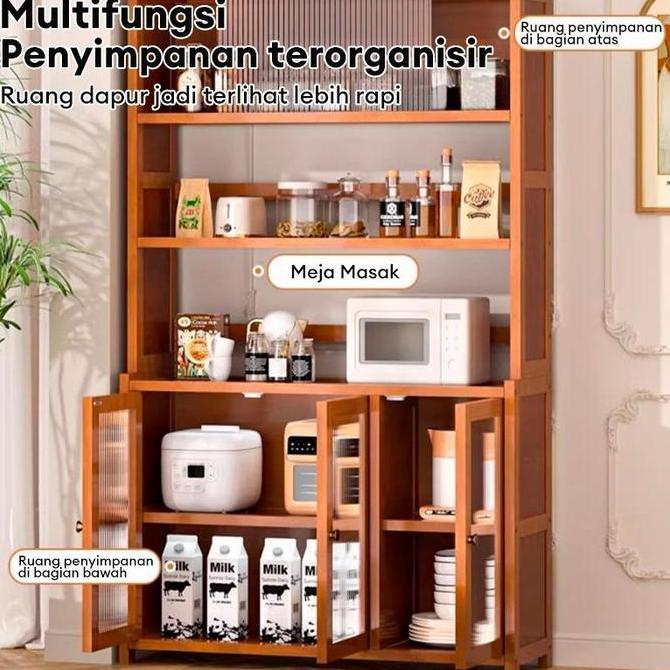 LACCOHUG Rak Dapur Lemari Dapur Rak Dapur Kayu Lemari Piring Kabinet Rak Oven Microwave Serbaguna Mi