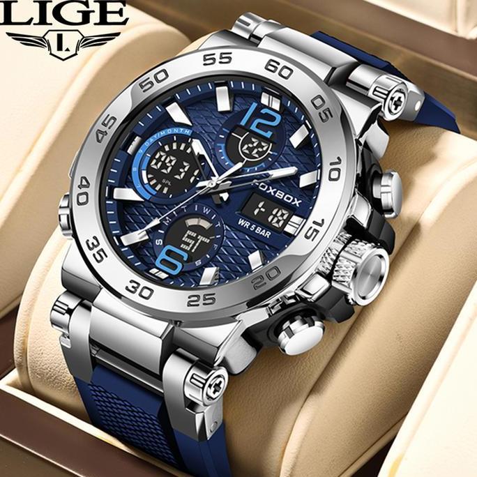 LIGE Jam Tangan Kuarsa Pria Tampilan Ganda Digital Modis Jam Tangan Kuarsa Olahraga Kronograf Otomat