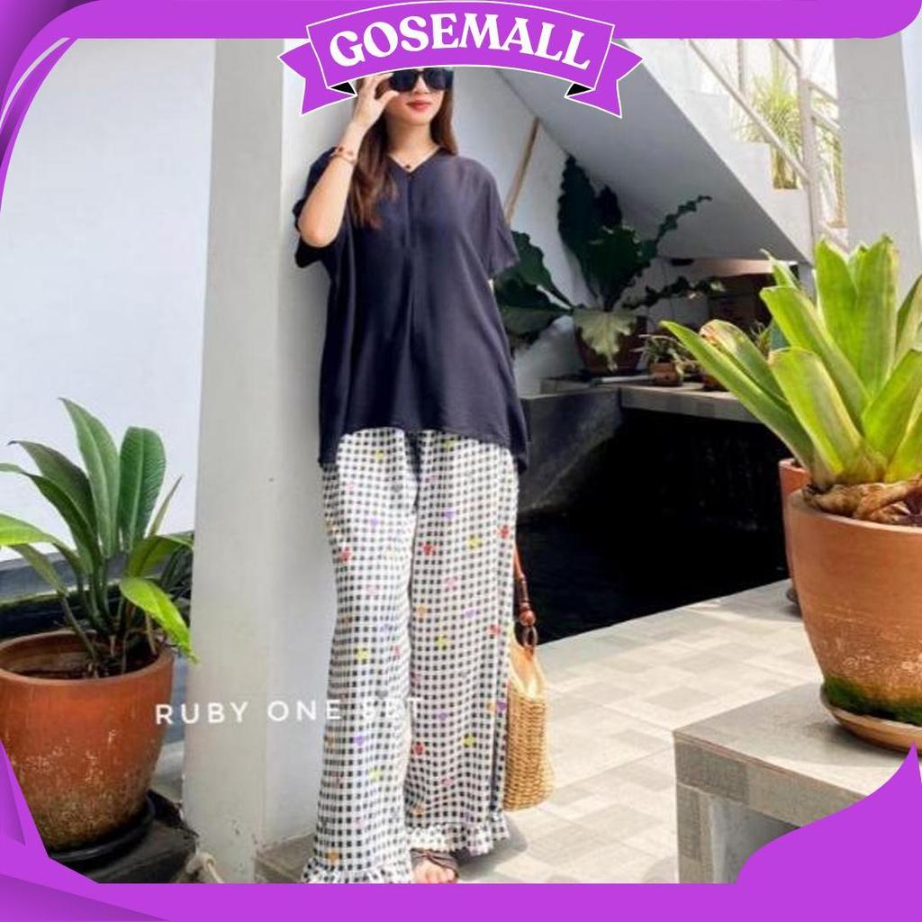Ruby One Set Daily Pajamas Kekinian Baju Wanita Tangan Pendek Atasan Celana Panjang Rayon Twill Sale