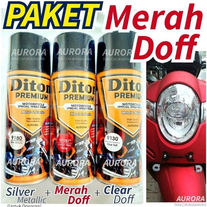 TERBARU - PAKET Cat Merah Doff H9281 Diton Premium Silver Metallic + Merah Dop Stylish Red Matte + C