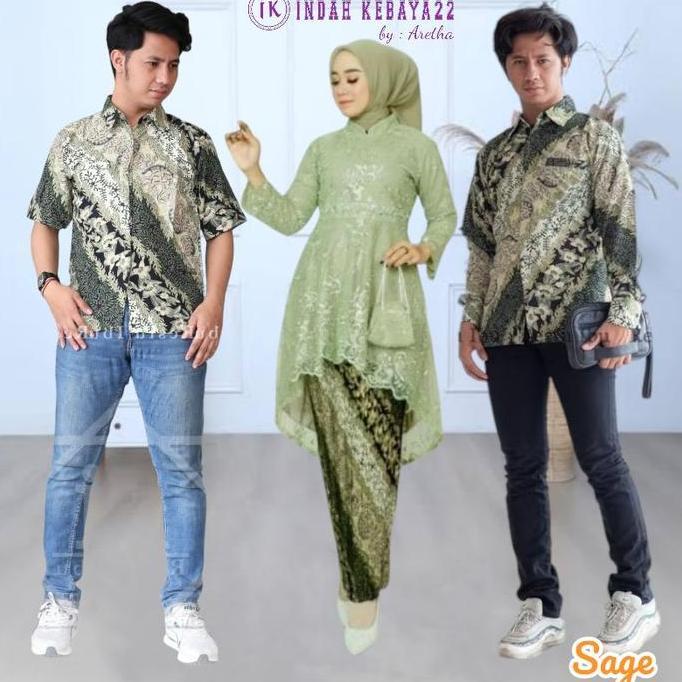 Setelan Couple Kebaya Tunik Payet Modern Elegan Brokat Tile Remaja Pasangan Kemeja Batik Pria Lengan