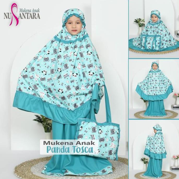 ''Terlaris" Mukena Anak Tas Sajadah Katun Motif Panda Tosca Mukena Umur 1 2 3 4 6 7 8 9 10 11 Tahun 
