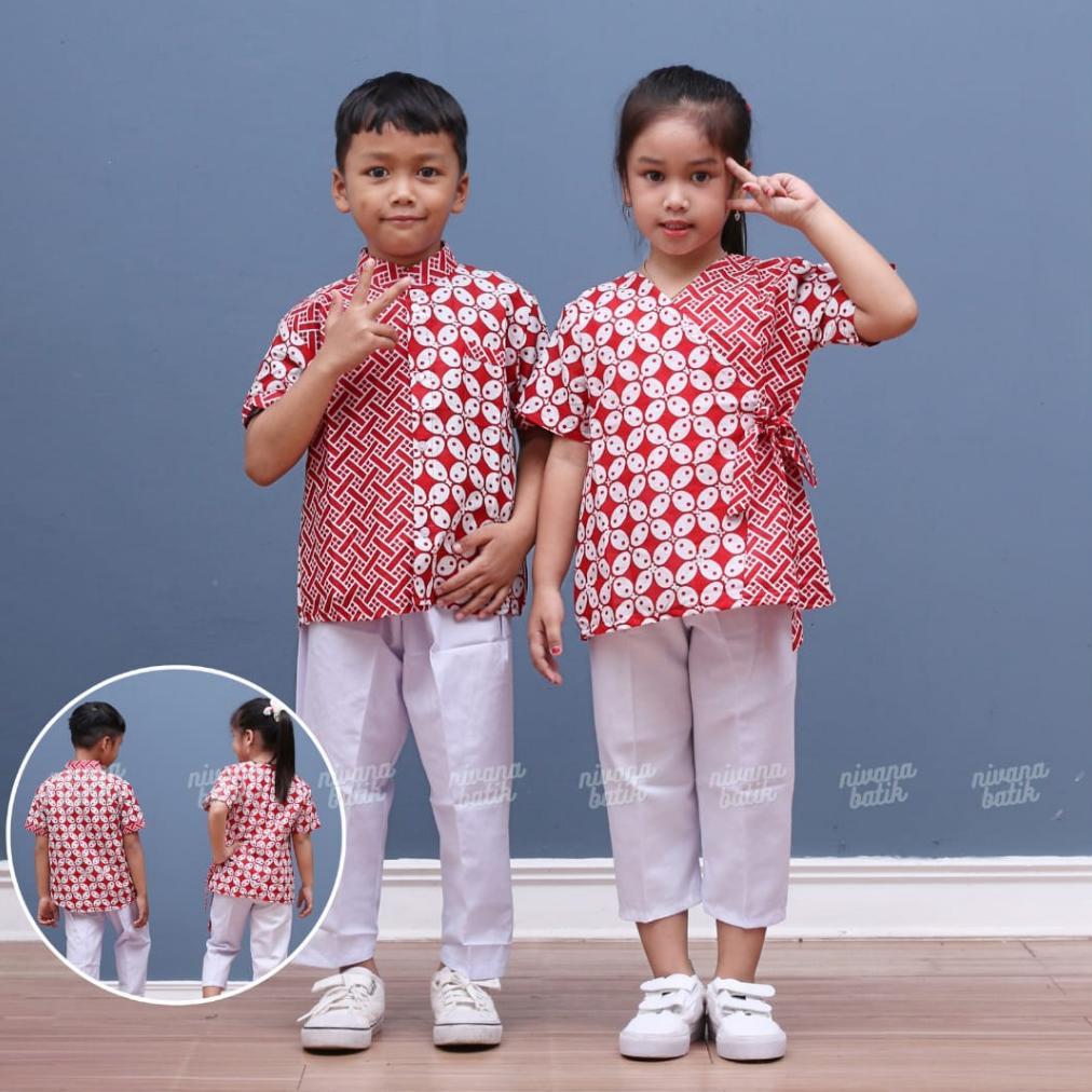 New Product Atasan Batik Anak Kemeja Koko Kemko Blus Anak Perempuan Kombinasi Merah Putih Bisa Coupl