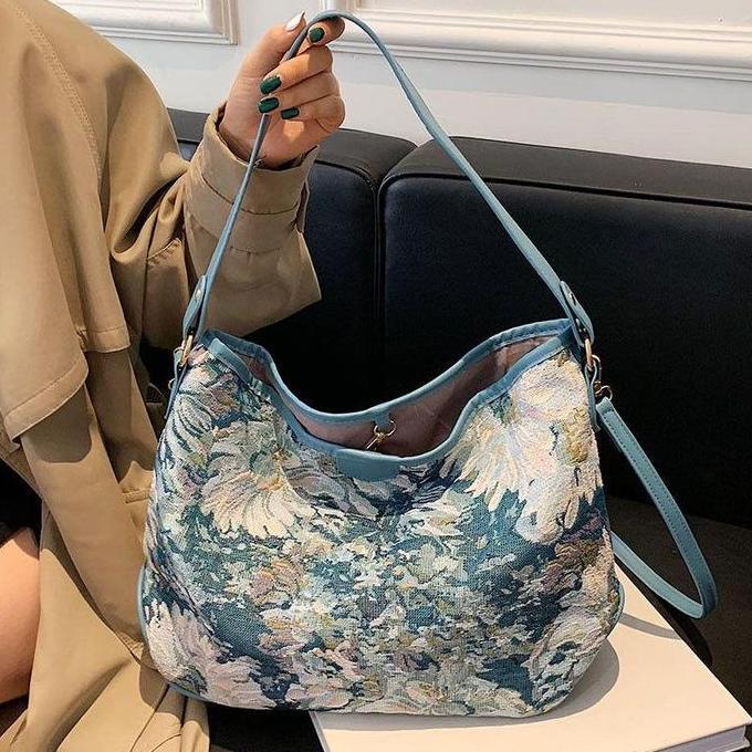 BELI Korea Bag Tas Tote Wanita Motif Bunga Biru Cantik Fashion Bag KSZ5715 KBR7809 KBL5715 BELI