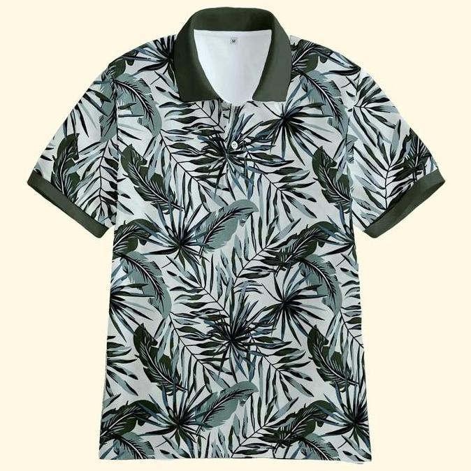 Fuku- Kaos Polo Shirt Pria Bermotif Daun Tropis Lengan Manset / Polo Shirts Distro  Printing