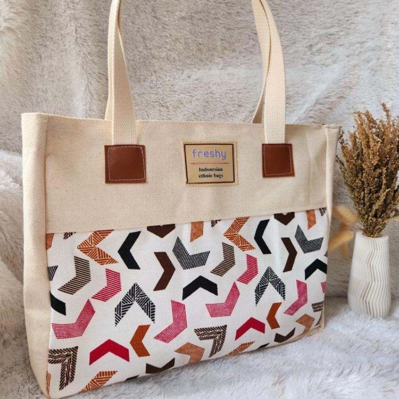Discount FRESHY - Tote Bag Kanvas Wanita Resleting / Tas Tote Bag Jumbo Ghani