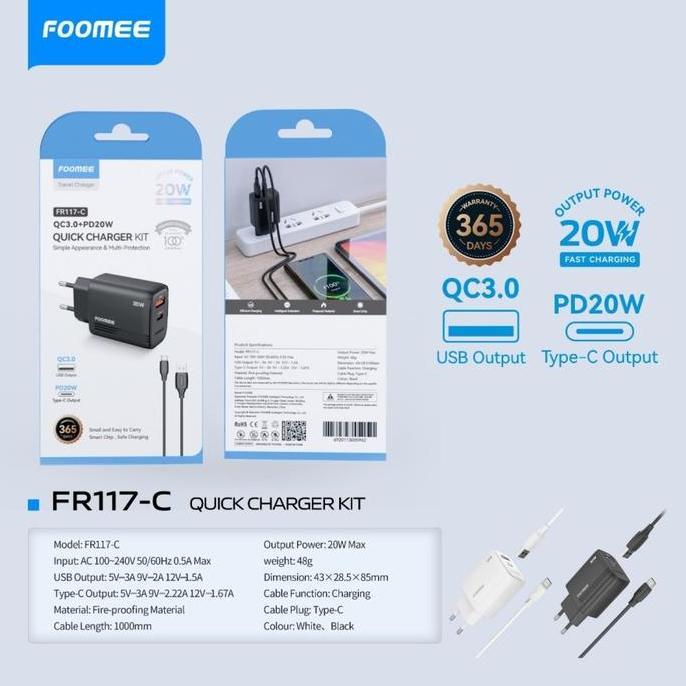 Ready Travel Charger Type C 20W Foomee FR117-C Charger Set Type C QC 3.0A