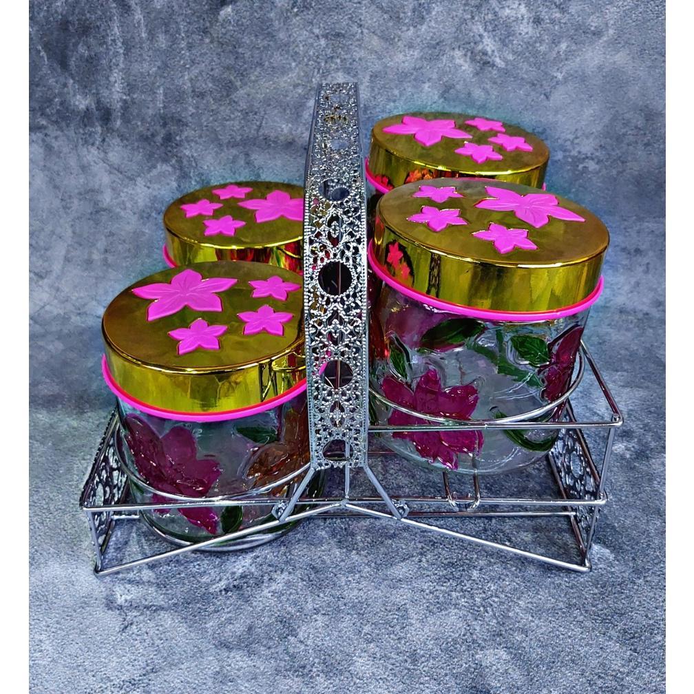 Toples Kaca Set 4 Dengan Keranjang Susun