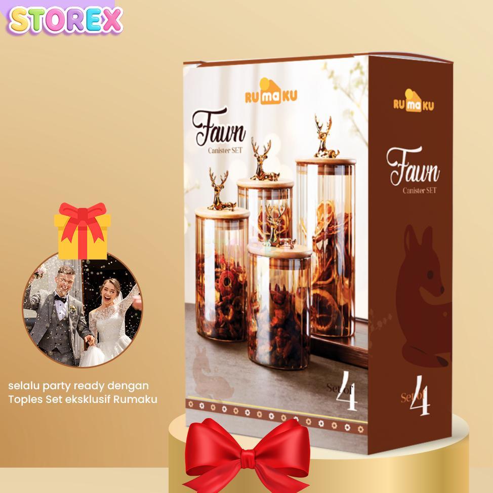 Discount Storex Toples Kue Toples Kaca 1 Set Kedap Udara Isi 4 Pcs Ornamen Rusa Gold Serbaguna Tople