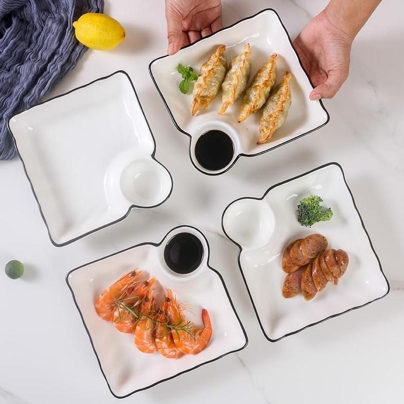 ASHOME Piring Kotak Dumpling Putih List Hitam