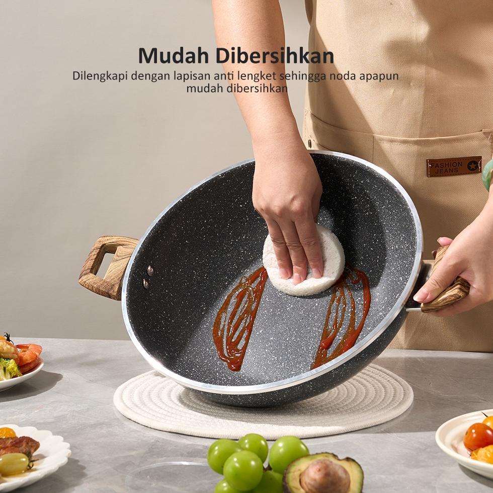 FREE ONGKIR [REKOMENDASI] FREEMIR WAJAN KUALI TUTUP KACA GAGANG KAYU GRANIT HITAM ANTI LENGKET GOREN