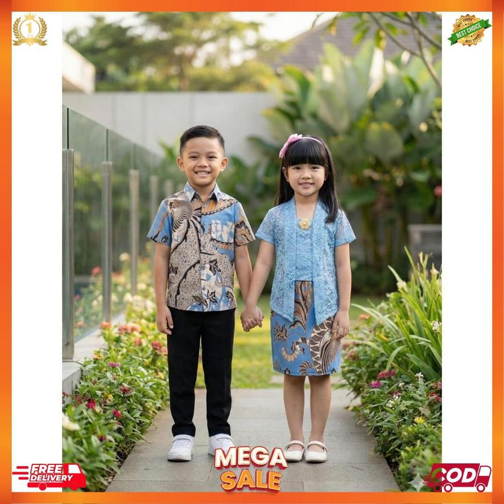 Baju Batik Anak Couple Umur 1-10 Tahun Kemeja Anak Lengan Pendek One Set Kebaya Brokat Bali [L7]