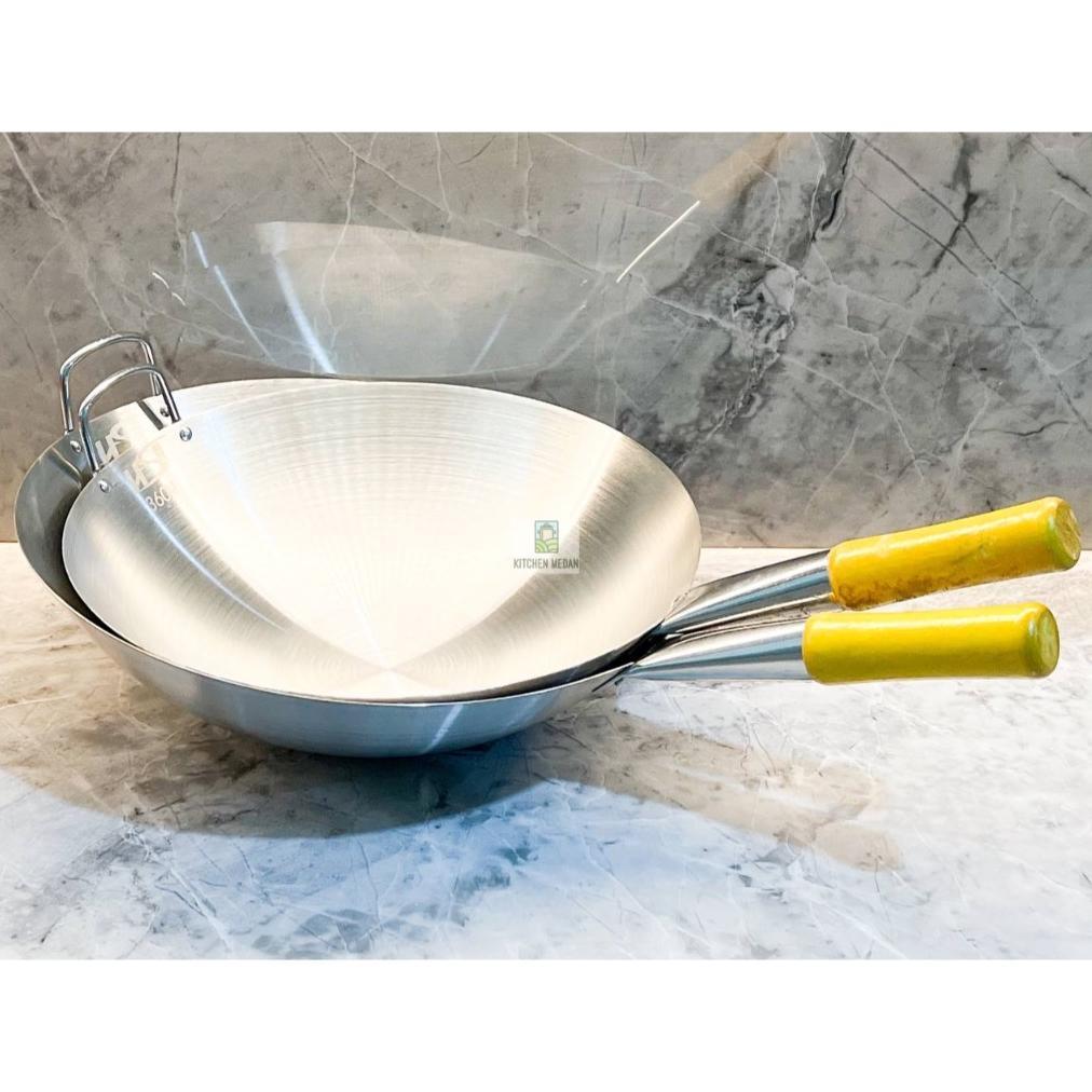 DISKON WAJAN STAINLESS STEEL TEBAL GAGANG KAYU WOK PAN KUALI