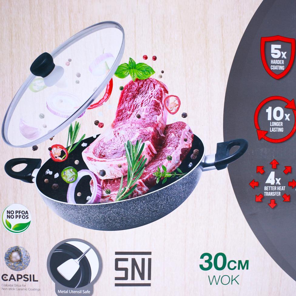 DISKON MAXIM NEOSTON WOK 30CM + TUTUP KACA WAJAN ANTI GORES / SAUCE PAN PANCI GAGANG18CM-KB
