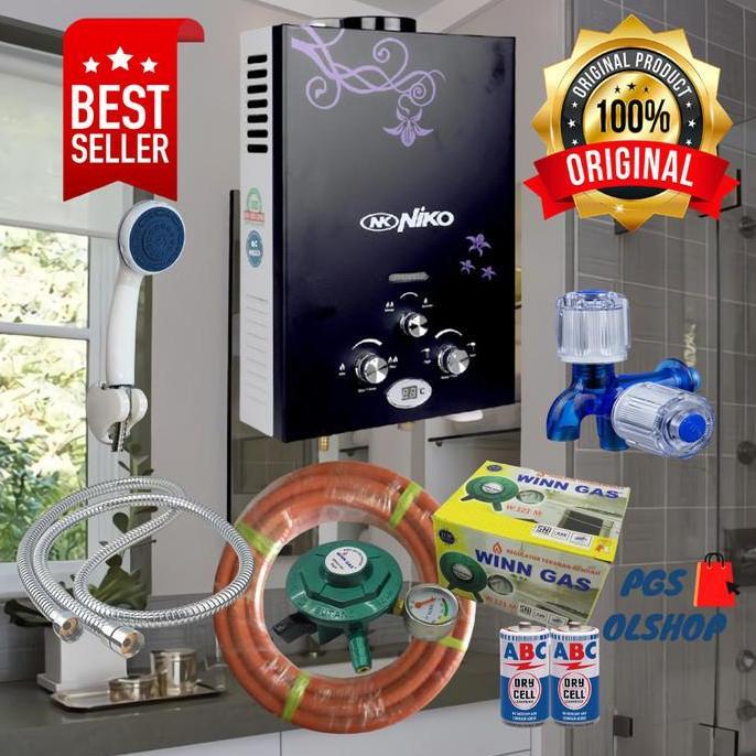 WATER HEATER / PEMANAS AIR KAMAR MANDI GAS LENGKAP NIKO HITAM LED