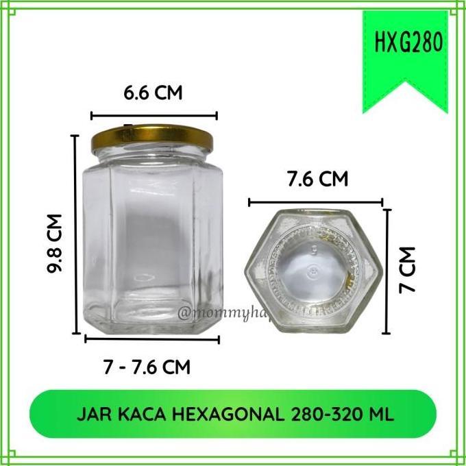 HXG280 | Jar / Botol / Toples Kaca Hexagonal 280-320 ml Tutup Gold
