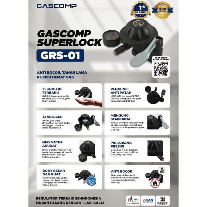 TERMURAH - GASCOMP Paket Regulator Superlock 01 Klik + Selang (GRS-915) Regulator Kompor Gas Superlo