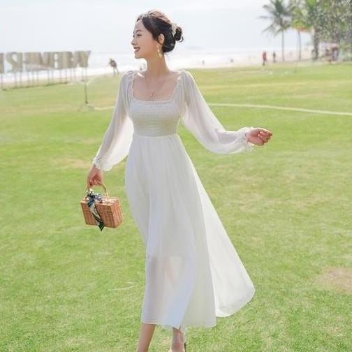 TERLARIS - FAIRY white sabrina midi dress long sleeve woman premium / korean summer dress / beachwea