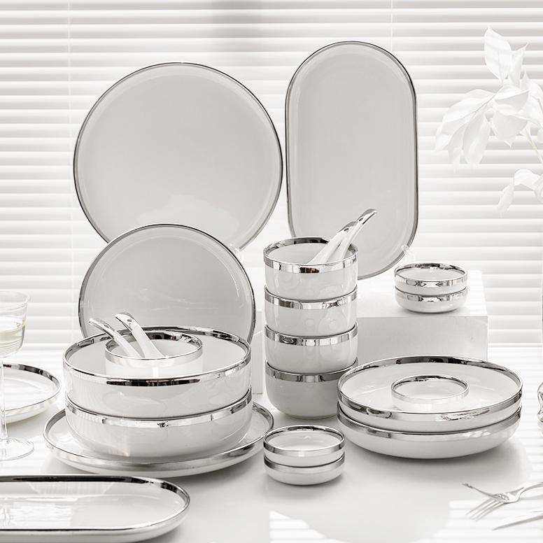 Piring Makan Keramik Putih Silver / Piring Putih Keramik List Silver / Mangkuk Keramik Putih silver 