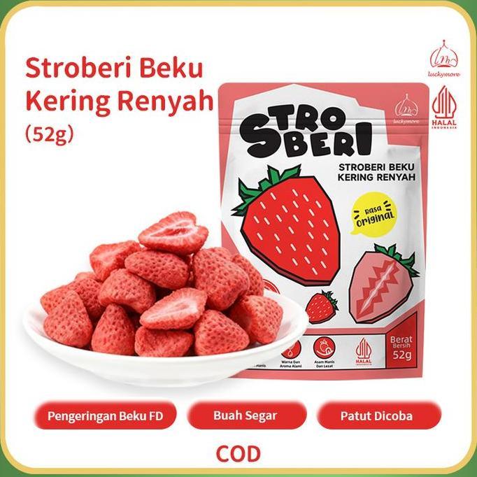 Luckymore*LIVE* HALAL Stroberi Beku Kering Renyah 52g - Cemilan Sehat dan Alami | Stroberi Beku Keri