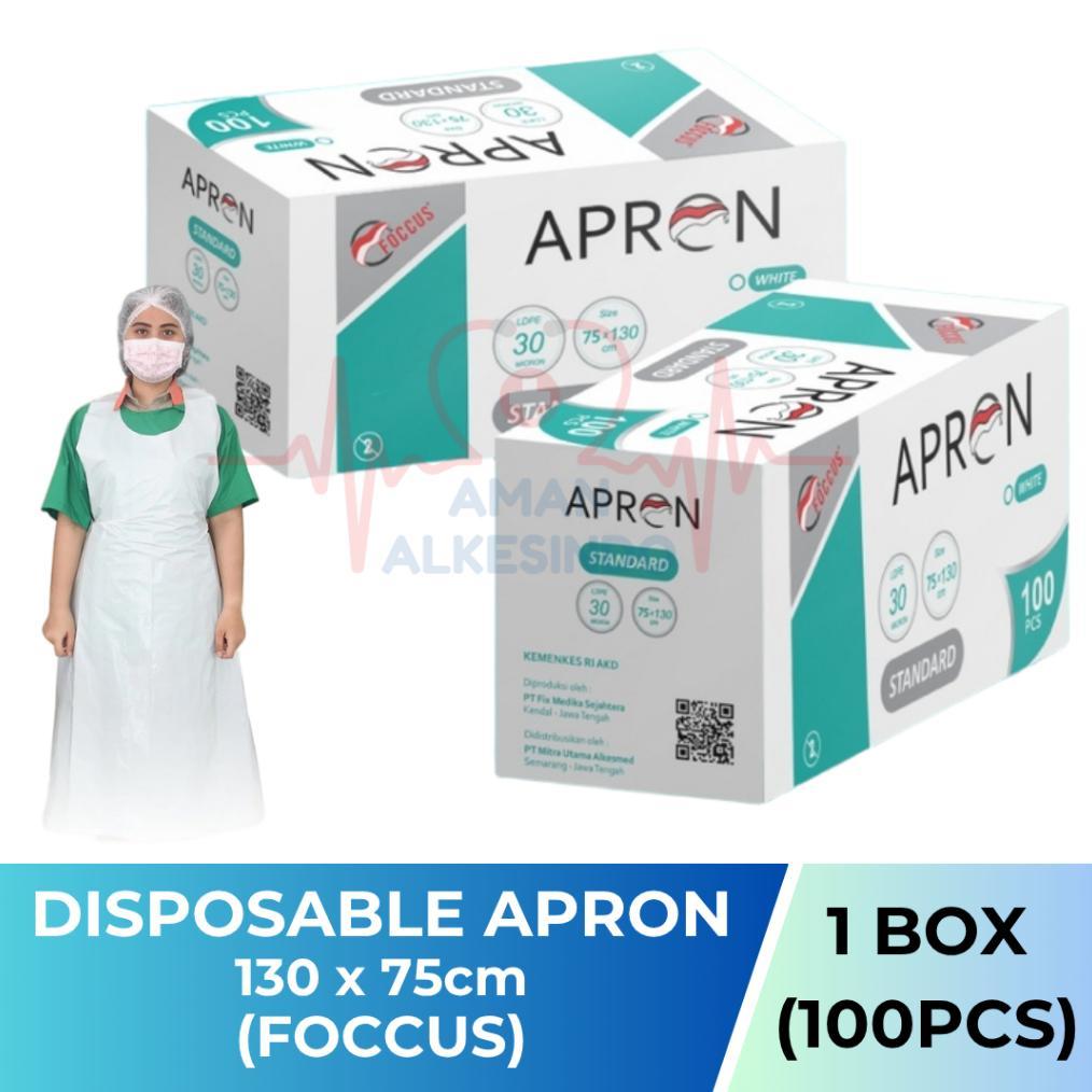 100pcs Apron Plastik Medis 30 Micron FOCCUS Celemek Dapur Sekali Pakai Tanpa Lengan Disposable Apron