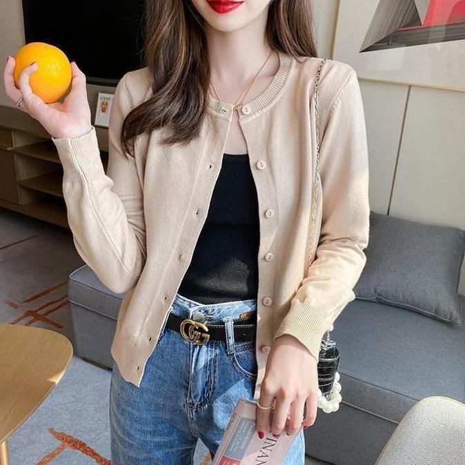 Kardigan rajutan tipis warna polos ramping lengan panjang serbaguna baru Knitwear Wanita Atasan Card