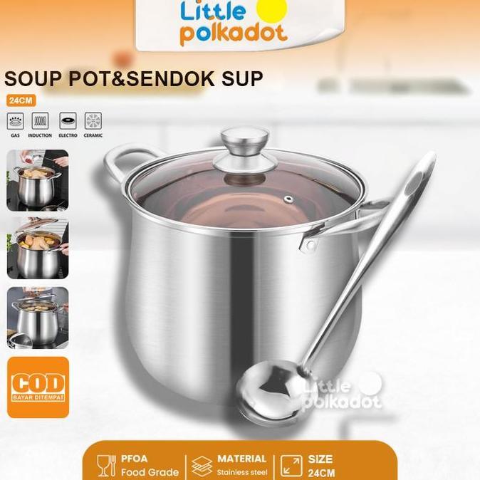 VERNIZCO Littlepolkadot 2-in-1 Set Panci Sup Stainless Steel 9L dengan Sendok Sayur Panci Sup Stainl