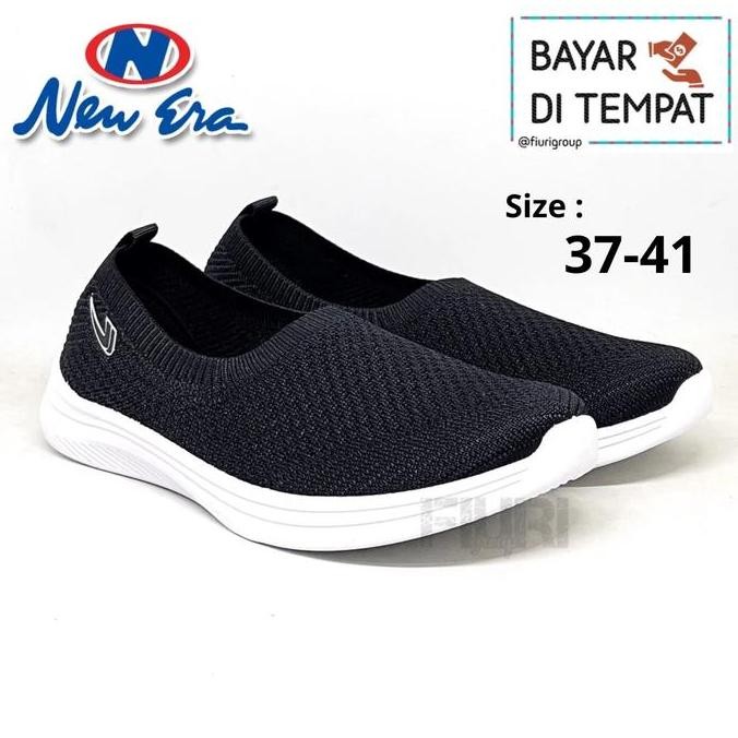 Fiuri - New Era - Sheila Sabrina 37-41 Hitam Putih - Sepatu Sneakers Slip On Wanita - Sepatu Knit Ra