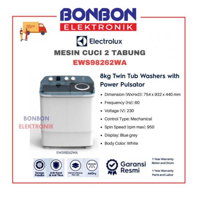 Promo Electrolux Mesin Cuci 2 Tabung 8KG EWS98262WA / EWS 98262 WA / 98262WA COD