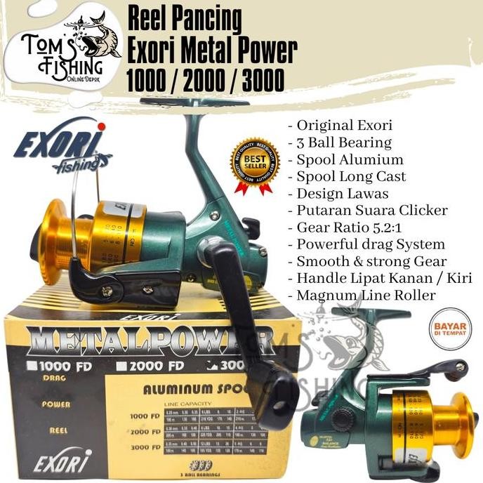 Reel Pancing EXORI METAL POWER 1000 -  3000 Spool Alumium (3 Bearing) Clicker Murah - Toms Fishing