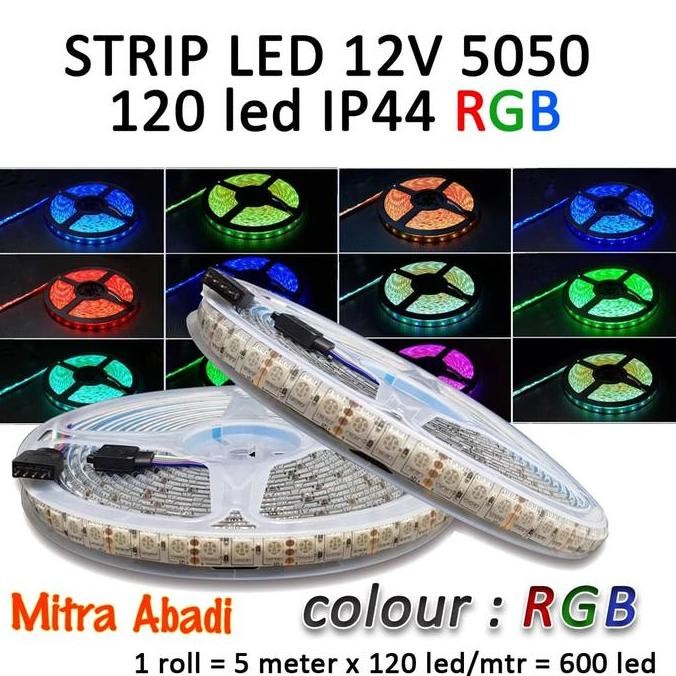 Lampu LED Strip SMD 5050 RGB 120 LED/Meter DC 12V IP44 WATERPROOF