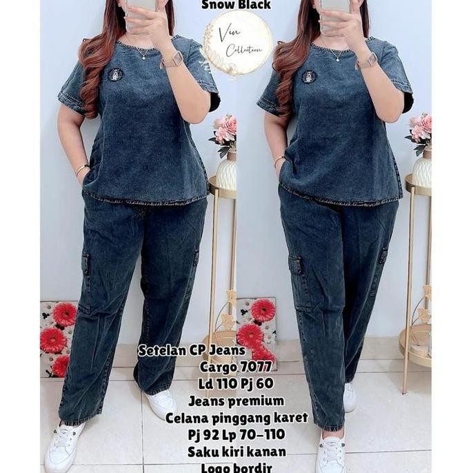 Promo 7077 Setelan Jeans Celana Panjang Cargo Ld110 Wanita|One Set Jeans|Set Cargo Cod