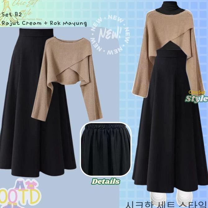 Promo One Set Wanita (Rajut Silang Inner Rok Mayung) Baju Korean Style Setelan Perempuan Ootd Cs032 