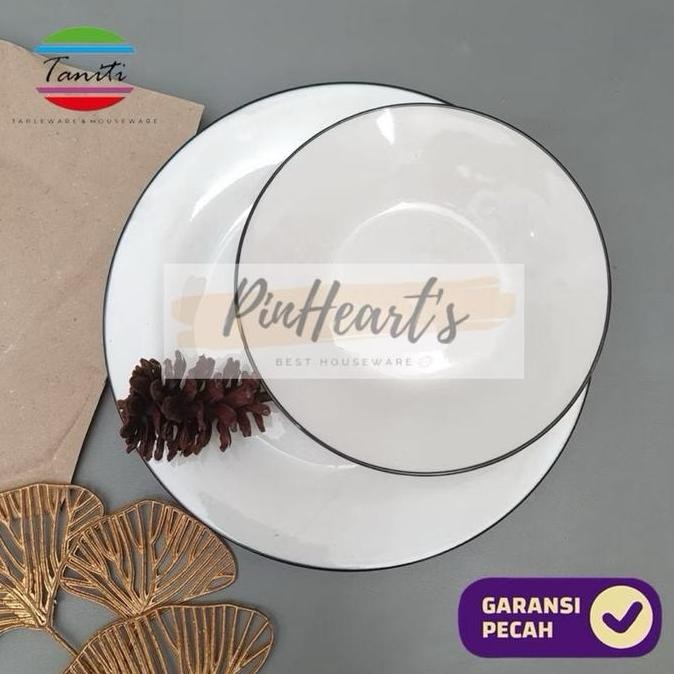 PIRING MAKAN KERAMIK TANITI CEPER SAJI PUTIH POLOS WHITE BLACK LINING LIS HITAM / PIRING MAKAN KERAM