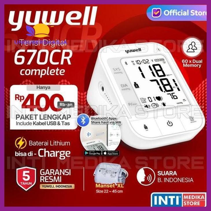 (ORIGINAL) YUWELL - TENSIMETER DIGITAL 670CR COMPLETE BLUETOOTH SMARTPHONE CONNECT BISA DI-CHARGE SU