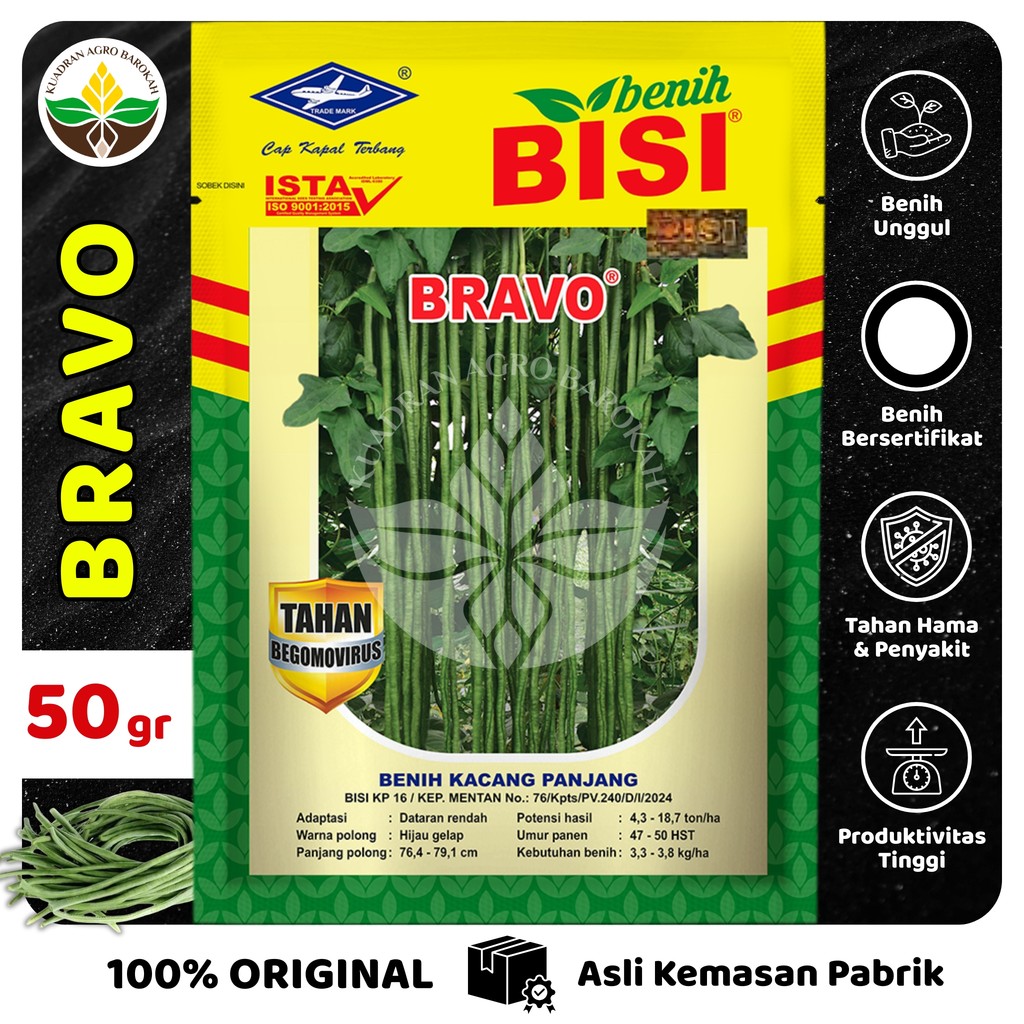 1 Kotak Isi 6 pcs BRAVO 50 gr Benih Kacang Panjang - BISI Cap Kapal Terbang