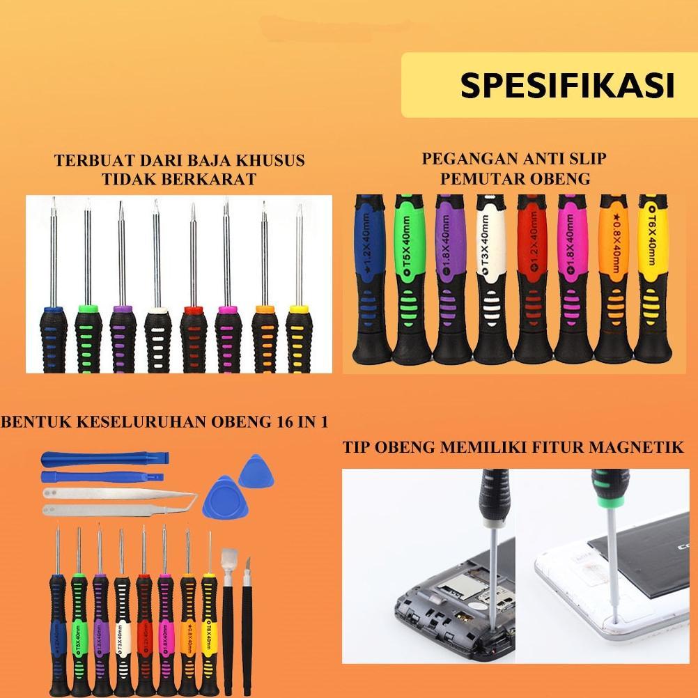 ARURU- Powone 16 in 1 Obeng Set Reparasi Smartphone Atau Handphone dan Alat Elektronik / Obeng Full 