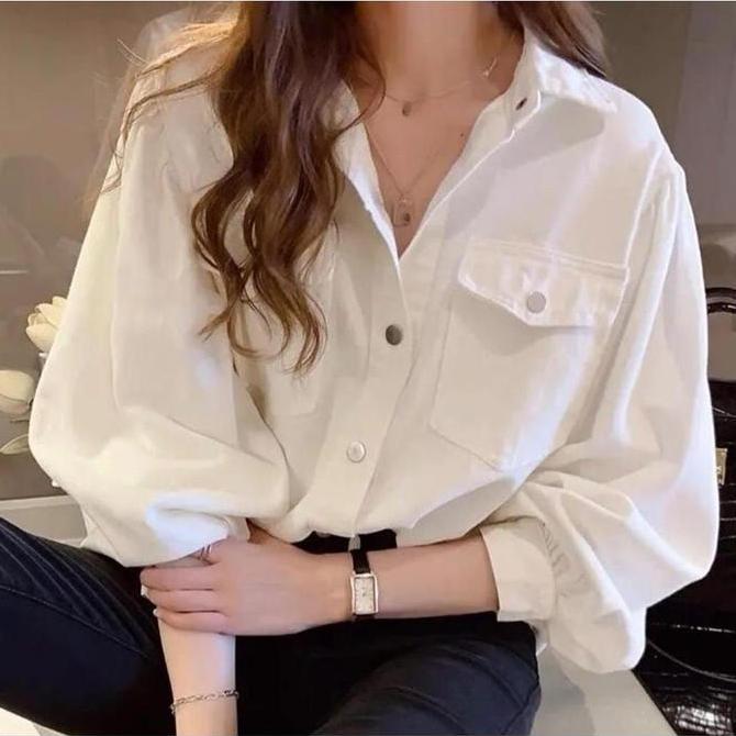 Atasan Kemeja Casual - Kemaja Formal - Kemeja Korea Baju Katun Stretch - Baju Putih Wanita - Atasan 