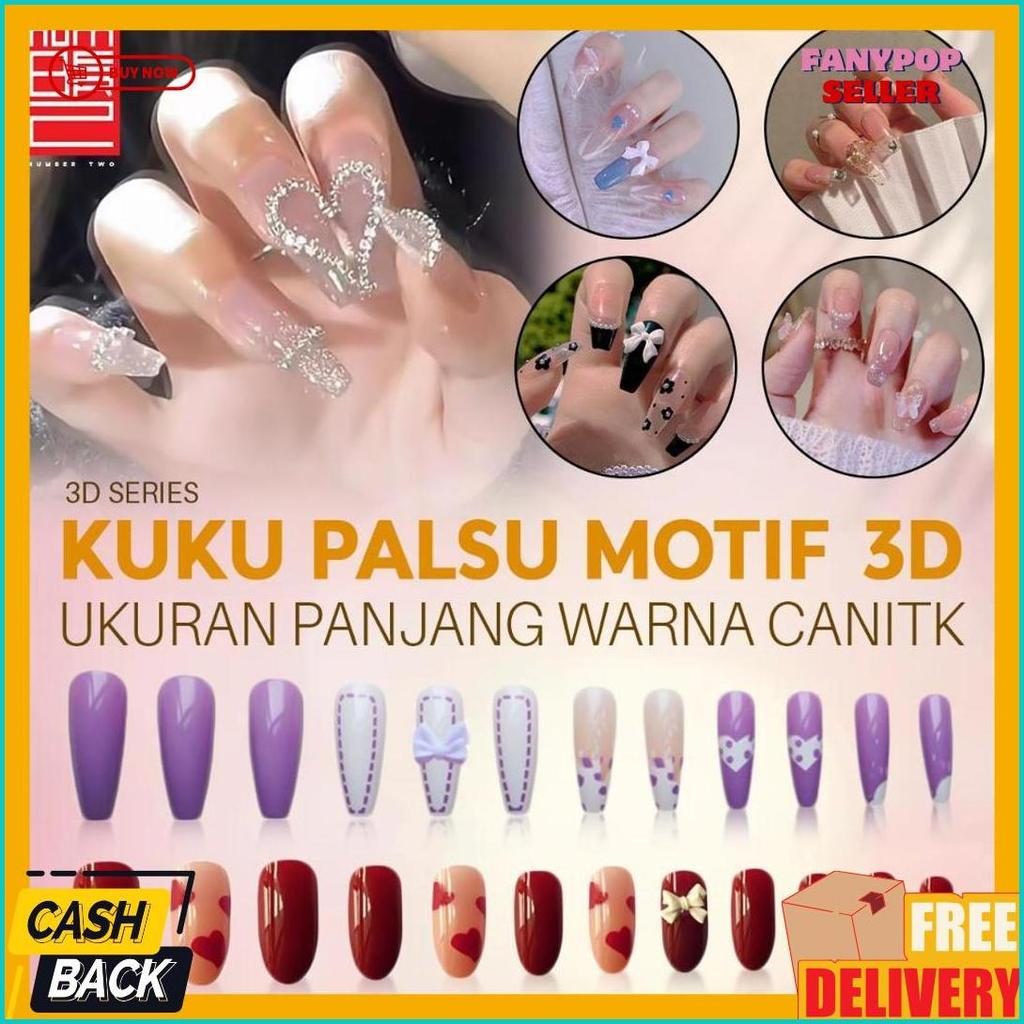 Cod Kuku Palsu 3D Nail Art Timbul Lucu Fake Nails Panjang Estetik Esthetic Elegan Elegant Motif Imut