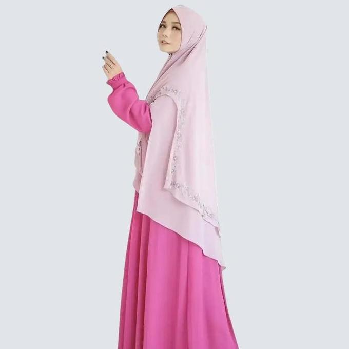 DE100 >> Jilbab Syari Bordir Khimar Ceruty Babydoll Premium 2 layer Kerudung Jumbo Syari Bordir Ceru