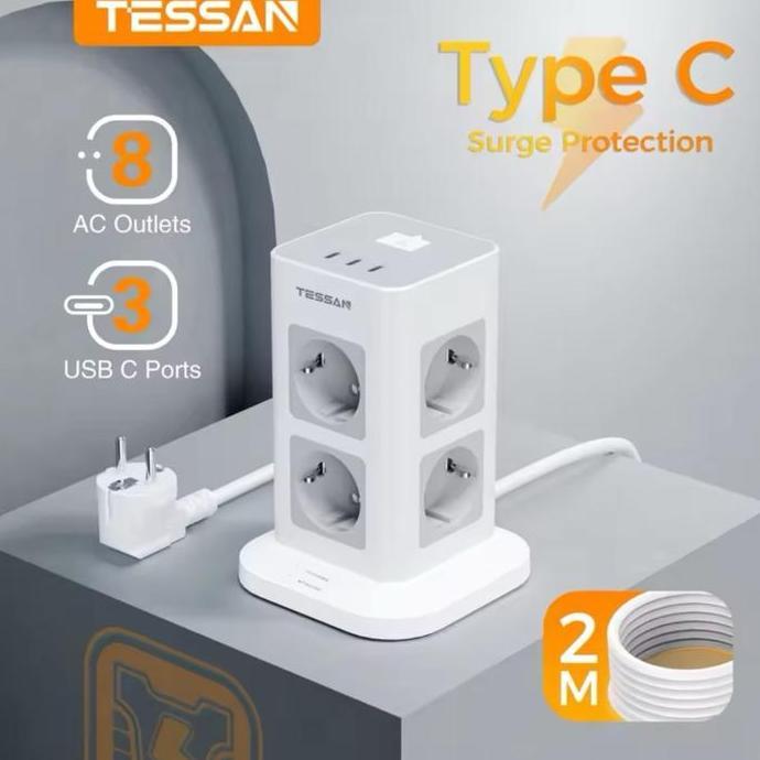 KIATO- TESSAN TS-TPS03-DE-3C-GR Stop Kontak Soket Multi Outlets Power Strip 8 Lubang Outlet EU Colok