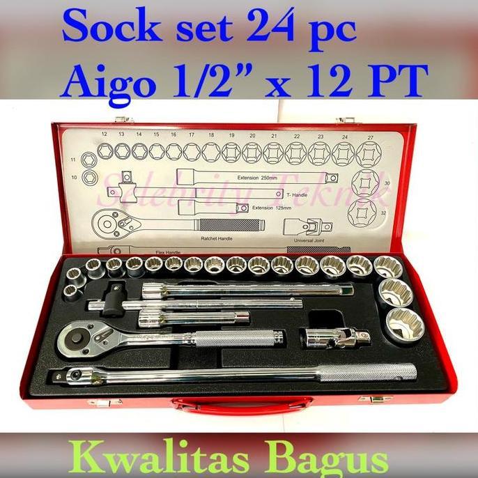 Socket wrench AIGO set 24 pcs 1/2" 12PT Kunci sock set