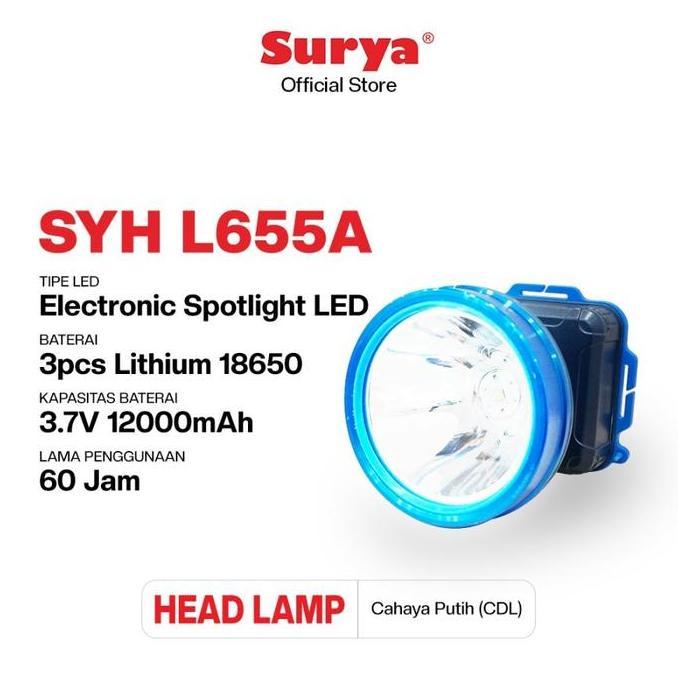 Surya Syh L655A Senter Kepala Led 65 Watt 12000 Mah Jarak Cahaya 500M Baterai Putih